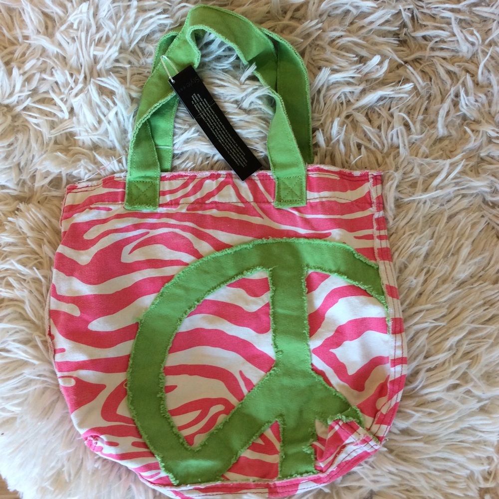 Pink white lime Peace bag tote purse zebra stripe